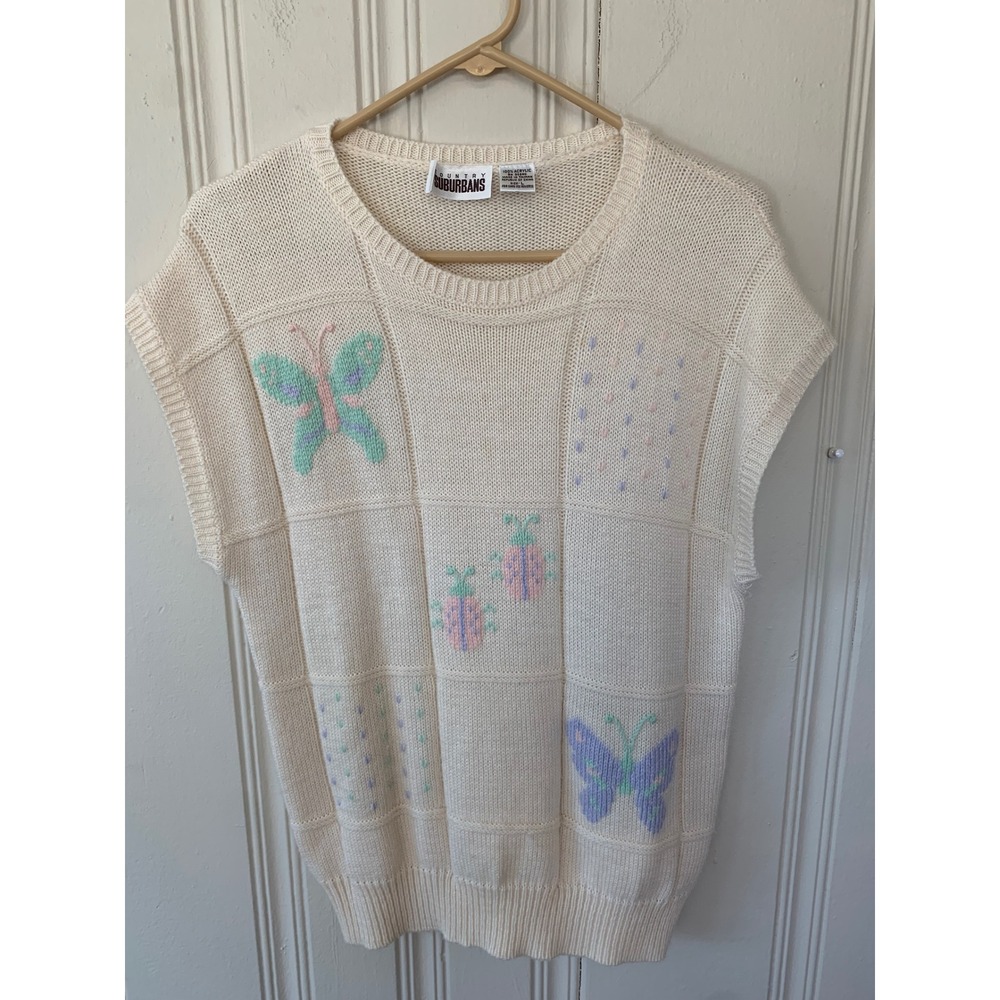 Vintage Country Suburbans Butterfly Ladybug Knit Sweater Vest Cream Pastel Large